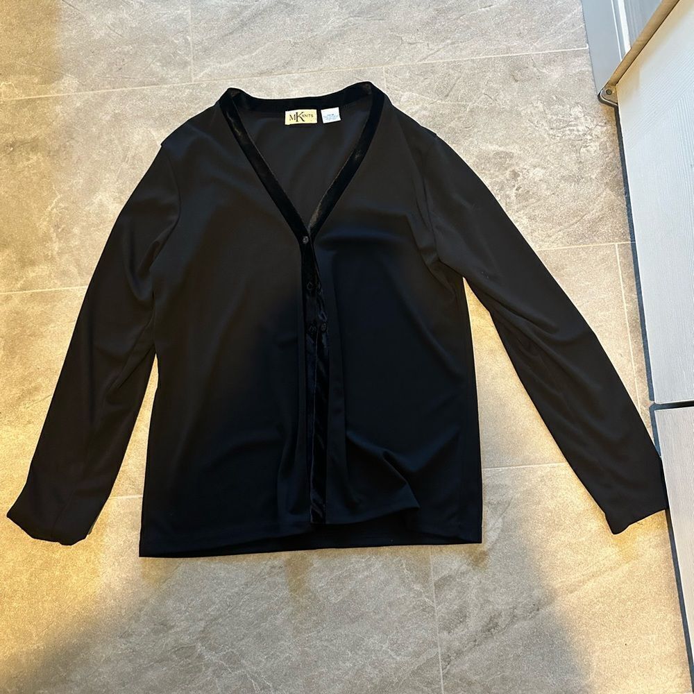 VINTAGE Black Button-Up Cardigan w/ Velvet Trim
